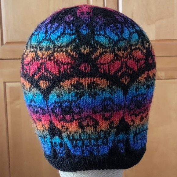 Hand Crafted Hand Knit Sugar Skull 💀 Slouchy Beanie Hat - Rainbow Colors - Picture 2 of 5